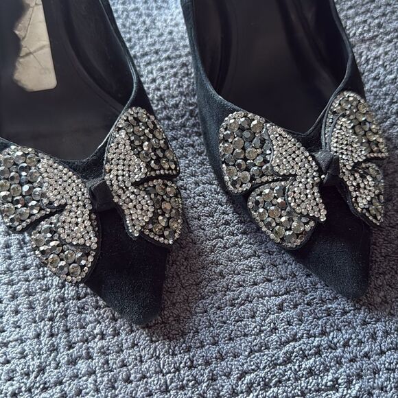 Alomore Black‎ Suede Rhinestone Bow Flats 7.5 Pointed Toe Leather Sole heels - Picture 3 of 11